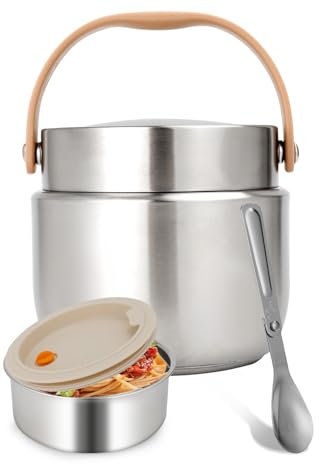 Ezvsevuo Termico per Alimenti Caldi 1200ml, Contenitore Termos Alimenti Caldi con Cucchiaio Pieghevole, Termico per Cibo in Acciaio Inossidabile, Tazza Termica per Zuppe, Noodles (Argento)
