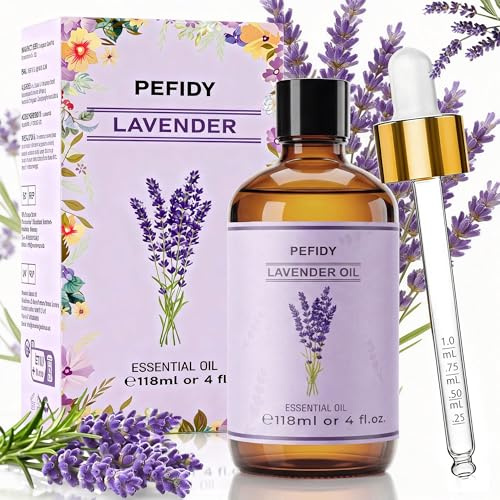 PEFIDY Aceite Esencial de Lavanda 118ML, Aceite de Lavanda 100% Natural para Difusor, Aromaterapia, Humidificador, Spa, Masajes y Ambientador, Aceite Aromático Premium de Lavanda para Hogar