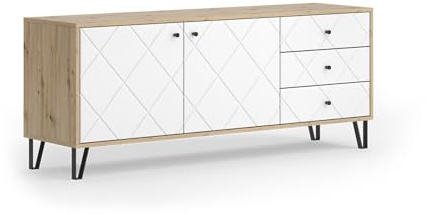 Vicco Mueble bajo para TV Nizza, Roble Artesanal, 150.2 x 60.2 cm con 3 cajones y 2 Puertas, para Usar como Superficie de Apoyo Junto a la Cama
