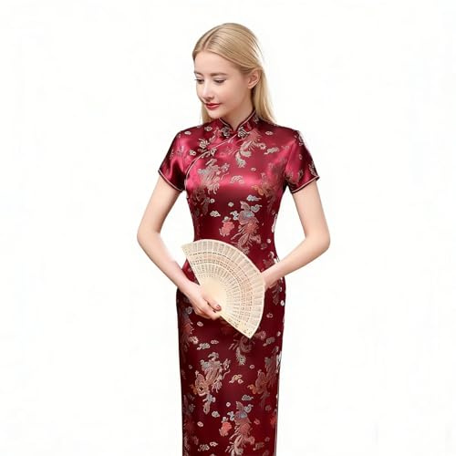 Chinese Women's Cheongsam Qipao Dress Slim Bodycon Exotic Long Split Dresses Wedding Costumes Gown Vintage Lunar New Year Formal Clothes Dragon Wine S