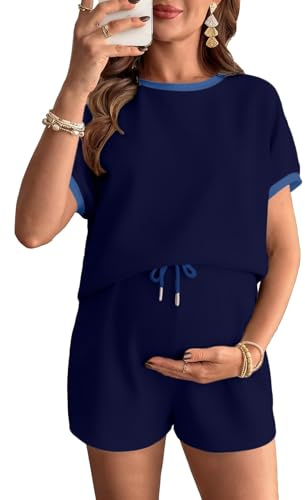 BLENCOT Women's Maternity Pajamas Crewneck Outfits Summer Short Sleeve T-shirt Top and Shorts Set Mom Clothes with Pockets Dark Blue X-Large