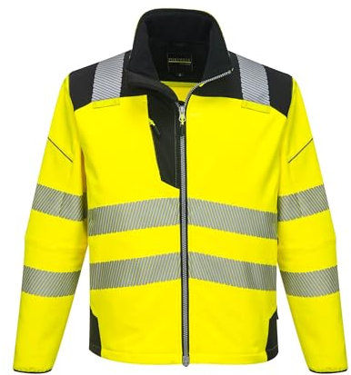 Portwest T402 Men's PW3 Hi Vis Safety Jacket - Windproof Water Resistant High Visibility Reflective Softshell Jacket Yellow/Black, Large