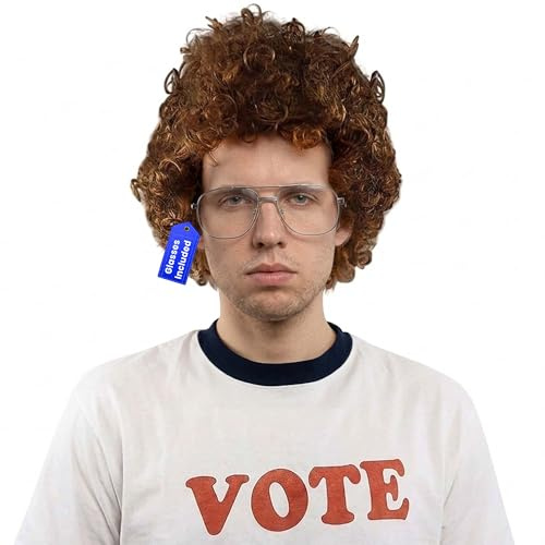 ALLAURA Kompatibel med Napoleon Dynamite Wig – Pedro kostymset med glasögon och brunt afro nörd hår för vuxna – rolig 80-tals halloween outfit, retro cosplay, filminspirerad fest eller pardräkt