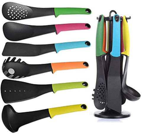 ShirazO Kitchen Utensil Set 6pcs, Silicone Cooking Utensils, Non-Stick Kitchen Utensils Set with Soup Ladle, Spoon, Skimmer, Spaghetti Server, Spatula & Slotted Turner – Black, Heat Resistant
