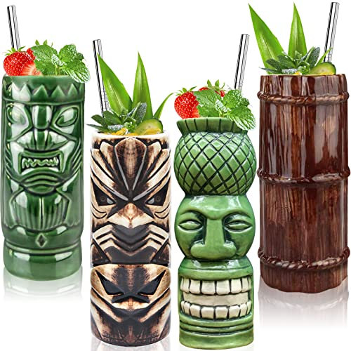 Lot de 4 verres Tiki pour bar Tiki - Grands gobelets en céramique - Verres à cocktail hawaïens Luau - Gobelets exotiques mignons pour bar Tiki