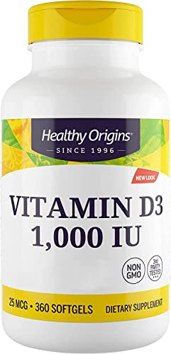 Healthy Origins, Vitamina D3, 1.000IU, 360 Capsule, Testato in Laboratorio, Altamente Dosato, Senza Soia, Senza Glutine, Non OGM