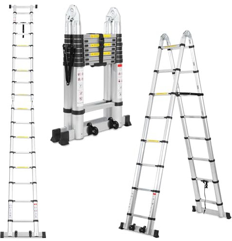 Lospitch Échelle télescopique en Aluminium de 5 m (2,5 + 2,5 cm)-avec stabilisateur-Échelle Pliante de qualité supérieure et Pliable en Aluminium-Charge maximale : 150 kg,Argent,5m(2.5+2.5)