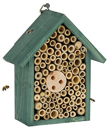 Relaxdays Hotel Insectos, Nido Abejas y Avispas Silvestres, Casa Colmena Colgante, con Techo, 20 x 17 x 8,5 cm, Verde
