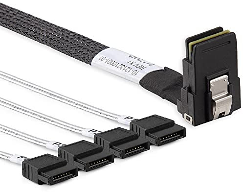 10Gtek 6G Internal Mini SAS 36pin SFF-8087 Male to 4X SATA 7pin Female Fan-Out Cable, Right Angle to Straight,0.5-m (1.6ft)