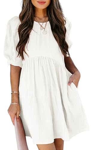 Dokotoo Womens Dresses Crewneck Bubble Puff Sleeve Empire Waist Solid Color Fashion Casual Buttons Loose Sundresses Flowy Cute Mini Dress White Large