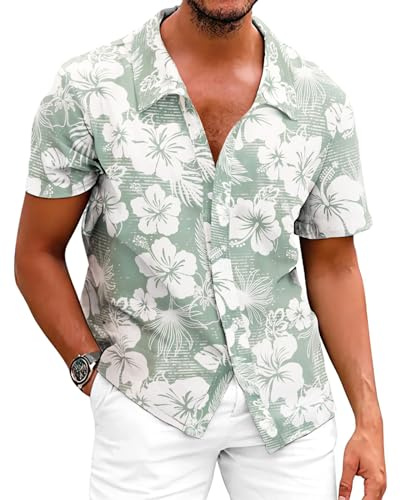Fastkoala Hommes Chemise à Fleurs Hawaïennes Chemises Tropicales Plage Tops Holiday Summer Casual Button Down