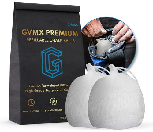 130g (2 x 65g) Premium Chalk Balls. Pro-Grade Gym Chalk in Refillable Sock. Eco Friendly Packaging. Grip Enhancing Gym Accessory for Weightlifting, Rock Climbing, Gymnastics & More. Package May Vary.