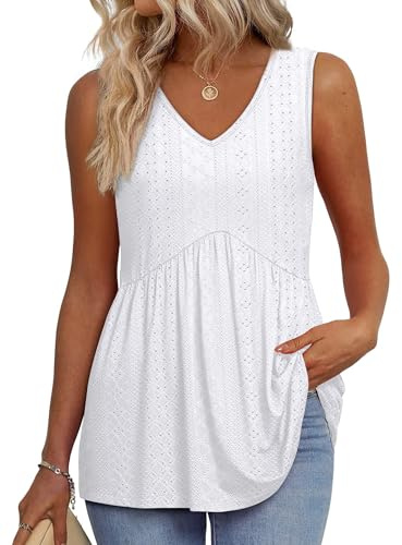 Women's Clothing Beach Vacation Clothes Cowgirl Outfits Spring Fashion Clothing Summer Tops Teacher Outfits White Boho Eyelet Tops Sleeveless Empire Waist Top L