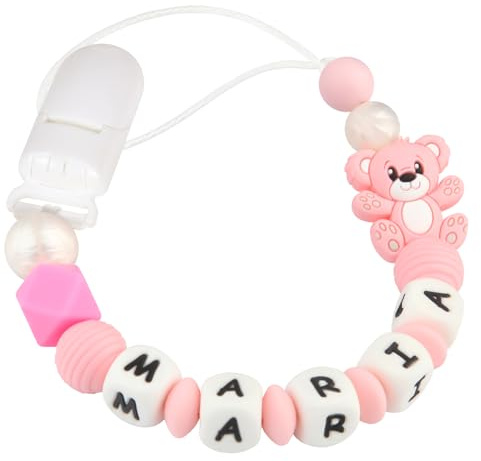 Kowlone Attache Sucette Nom Personnalisé Prenom Silicones Teddy Ours Attache Tétine en Clips Chaîne pour Bébé Filles Garçons(Rosa)