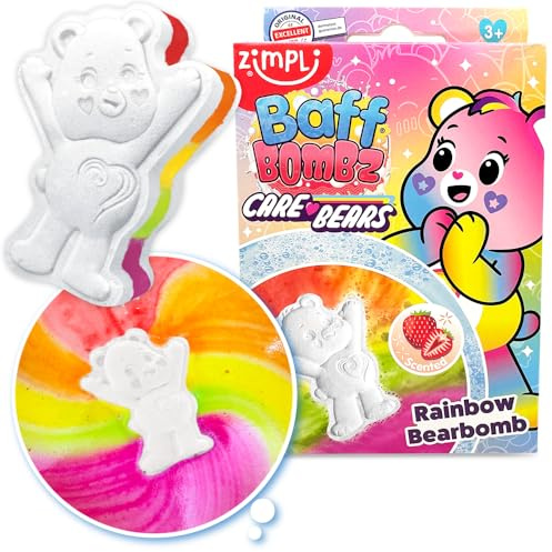 Care Bears Badebombe von Zimpli Kids, zauberhaft Regenbogen-Spezialeffekt, Geburtstag, Weihnachten, Strumpffüller, Geschenk, Badespielzeug für Kinder, Taschengeld Spielzeug, Bubble Bath Fizzers