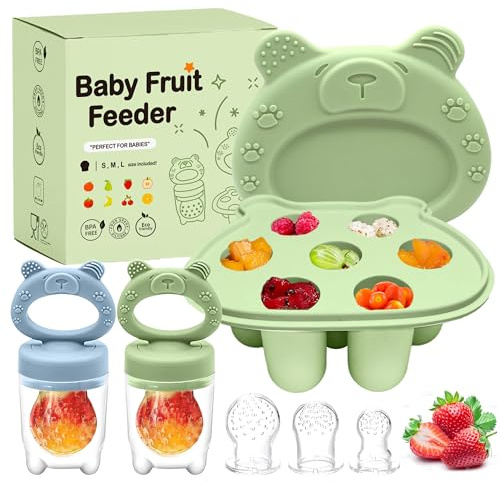 Ciuccio Frutta Neonati - Include 2 mangiatoie per alimenti con tettarelle di 3 dimensioni, mangiatoia in silicone (blu verde) per neonati, ciuccio e contenitori per la conservazione