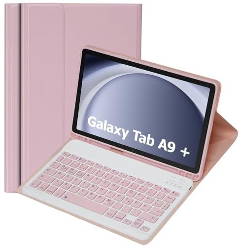 KTOITION Funda Teclado Compatible con Samsung Galaxy Tab A9+ 11 Pulgadas 2023 con Película Protectora [Español], SM-X210/X216/X218, Funda Protectora con Portalápices (Rosa)