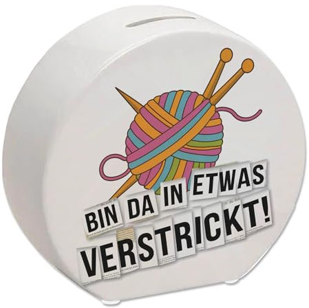 Bin da in etwas verstrickt Spardose mit Wolle und Stricknadeln Lustige Sparbüchse für Strickliebhaber