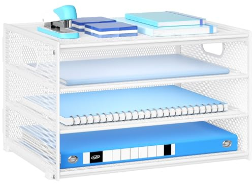Marbrasse Organizador de Escritorio,4 Niveles Cestas de Correo, Portarevistas,Soporte de Almacenamiento para Papel,Organizador de Bandejas de Archivación,Oficina,Casa (Blanco)