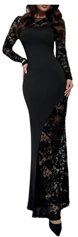 GORGLITTER Women's Lace Sheer Fishtail Long Dresses Crewneck Long Sleeve Bodycon Maxi Cocktail Dress Black Large