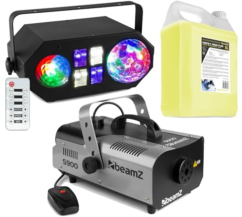 BeamZ LEDWAVE Party Set - Luz LED 4 en 1 con Jellyball Water Wave UV y Estrobo más máquina de humo S900 de 900W y 5L líquido incluido ideal para fiestas DJ eventos y clubs