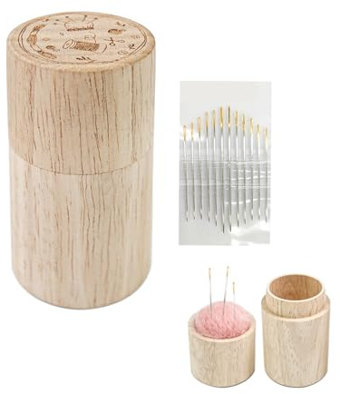Custodia per puntaspilli in legno - Scatola portaoggetti portatile per aghi da cucito da 12 cm con coperchio | Set di aghi da ricamo incluso, organizer per puntaspilli con palline di lana per lavori d