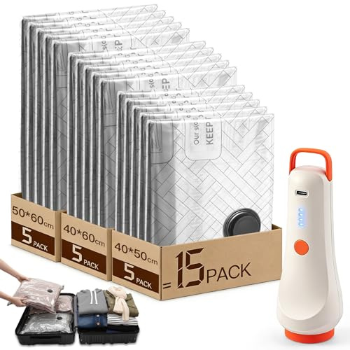 Sacchetti Sottovuoto Vestiti da Viaggio Con Pompa Senza Fili, 15 Pezzi Buste Sacchi Sotto Vuoto Vestiti(5*40x50cm,5*40x60cm,5*50x60cm), Sacco Macchina Aspiratore Kit per Valigia e Domestico Organizer