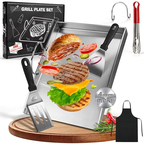 JONRRYIN Piastra Acciaio Inox Barbecue 40 x 30 cm, Plancha in Acciaio Inox per Barbecue Gas con 2 Spatole e Manico Rimovibile per BBQ a Gas e BBQ a Carbone (Tre spigoli)