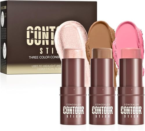 3PCS Contour Highlighter Blush Sticks,Cream Contour Bronzer Stick | Cheeks Eyes Lips,Highlighter Contour Stick for Glass Skin Glow,Long Lasting Makeup Sticks for All Skin Type Face Makeup(A)