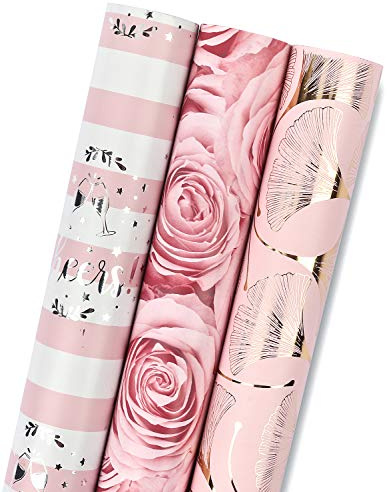 RUSPEPA Wrapping Paper Roll - Mini Roll - 3 Different Pink Floral Designs (42.53 sq. ft.ttl.) - 43.2 cm X 3.05 m Per roll