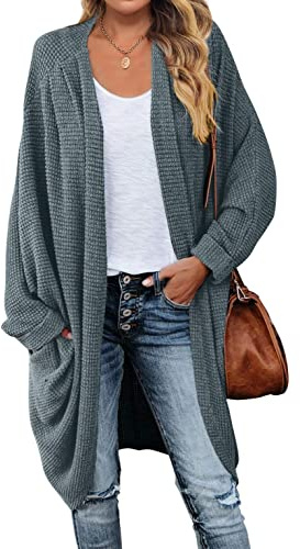 MEROKEETY Women's 2025 Fall Waffle Knit Batwing Long Sleeve Cardigan Loose Open Front Sweater Coat, DustyGreen, Medium
