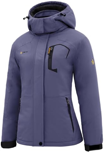 GEMYSE Veste de Ski Femme Imperméable Coupe-Vent Manteau d'Hiver Chaud avec Capuche de Montagne Extérieur en Polaire(Violet Grisâtre,L)