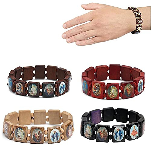 CeFoney Chapelet en bois Jésus Bracelet élastique avec photos de saints religieux, dieux saints catholiques, déesse et prière, 4 pièces