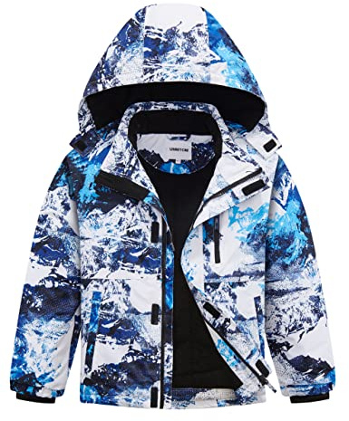 UMMTOM Boys Waterproof Ski Jacket Fleece Lined Warm Winter Snow Coat Hooded Winter Jacket for Kids(White Blue,5-6)