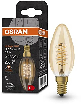 OSRAM Lamps 1906 LED-Lampe mit Gold-Tönung, 3,4W, 250lm, Kerzenlampe(Classic B)mit E14-Sockel,warmweiße Lichtfarbe,spiralförmiges Filament,dimmbar, bis zu 15 Std. Lebensdauer,25W-Ersatz, 4058075761414