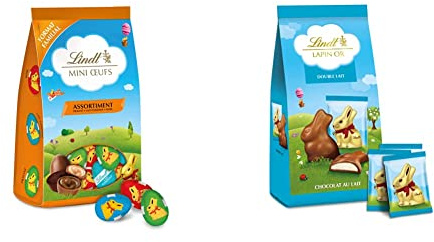 Lindt - Maxi Sachet MINI ŒUFS - Assortiment - Chocolat Praliné, Lait Fondant et Noir - Idéal pour Pâques, 350g & Sachet de Mini-Moulages fourrés LAPIN OR - Chocolat au Lait et Coeur Double Lait - 130g