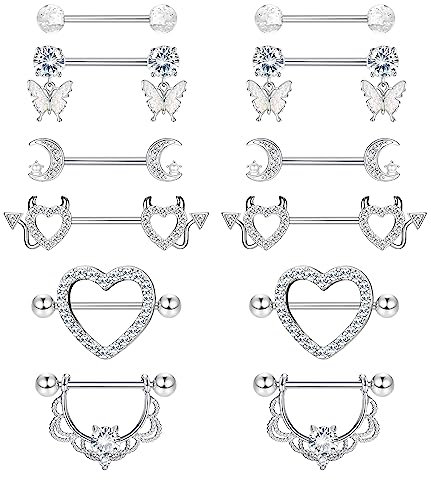 CASSIECA 6 Paar 14G Nippelpiercing Chirurgenstahl Silber Brustwarzenpiercing Zungenpiercing Edelstahl Nippel Piercing Schmetterling Herz Barbell Piercing Körperschmuck Set für Frauen Mädchen