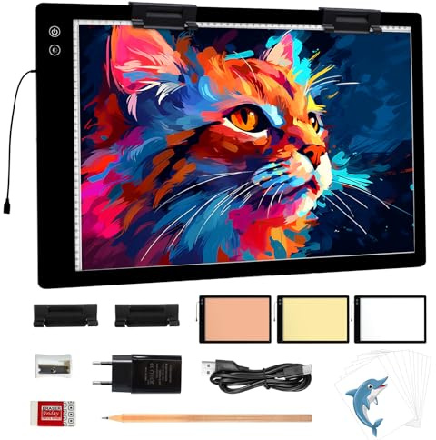 A2 ricaricabile, regolazione della luce a 3 colori, piastre luminose per pittura con diamond painting, luminosità regolabile in 6 livelli, grande pad luminoso con 2 clip per disegnare, schizzi,