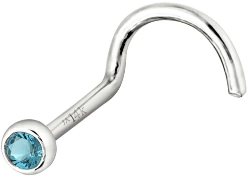 Jewelry Avalanche Solid 14K White Gold Nose Screw Stud Bezel Set 1.5mm Blue Topaz 22G Cork-screw Nose Stud - December Birthstone Nose Ring Stud NSBZ-TP15WG