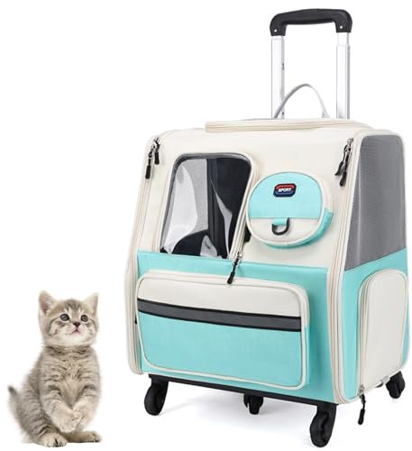 PJDDP Katzentragerucksack Mit Stauraum, Katzen-Rucksack,Haustier Reisetasche Mit Rädern,Welpen Reisetasche Mit Trolley,Abnehmbare Und Faltbare Hundereisetasche Mit Mesh-Belüftungsfenstern,Blau