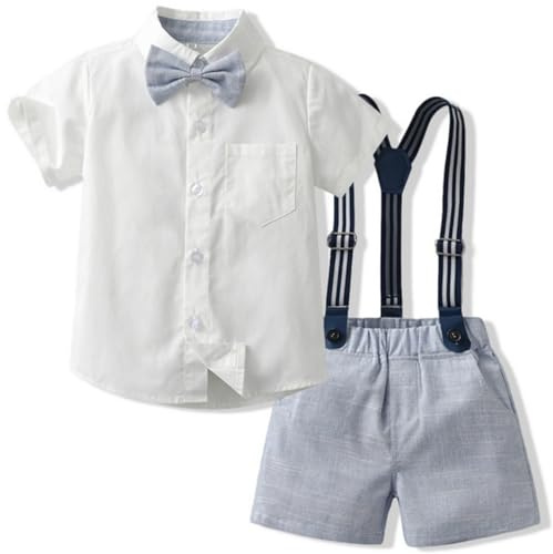 Yaopelky Bambino Completi estivi da gentiluomo Camicia a maniche corte con papillon Pantaloncini con bretelle Tuta 1-8 anni (Blu, 6-7 anni)