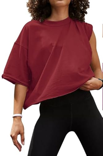 AirMood Oversize Workout Crop Tshirt Tops Oversized Casual Basic Loose Fitted Tees T-Shirts (Burgundy,L)