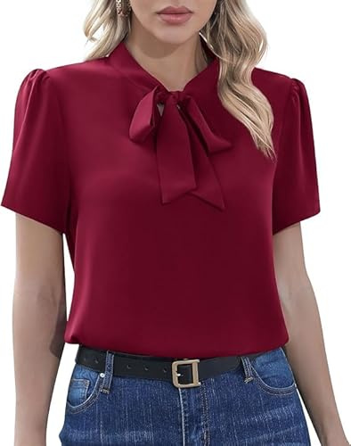 Yommay Womens Blouses Summer Dressy Chiffon Ladies Tops Short Sleeve Tie Neck Elegant T Shirts,Wine Red,XXL