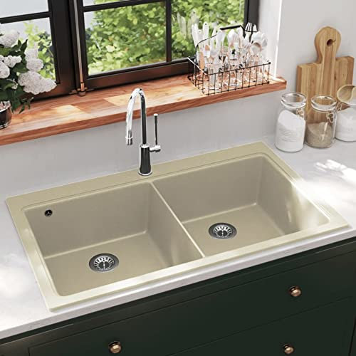 Homgoday Granit-Küchenspüle, Doppelwaschbecken, Beige, Küchen- und Nutzspülen, Typ 2, Hardware