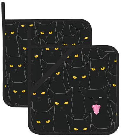 Topflappen mit lustigem Motiv „Schwarze Katzen, 2er-Set, hitzebeständig, für die Küche, Baumwollfutter, Ofenunterlage, Topfuntersetzer für die Küchentheke, Kochen, Backen, Mikrowelle, Ofen, Beilagen,