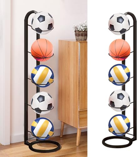 GZCZCC Rastrelliera da Basket Verticale Supporto per Palloni da Calcio in Metallo Porta Pallone Calcio da Esposizione Porta Pallone Basket a 5 Livelli Scaffale Stoccaggio Attrezzature Sportive - Nero