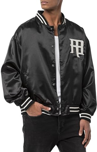 Redbridge Chaqueta de satén para universidad, elegante chaqueta Varsity con bordado y botones de presión, Negro , XL