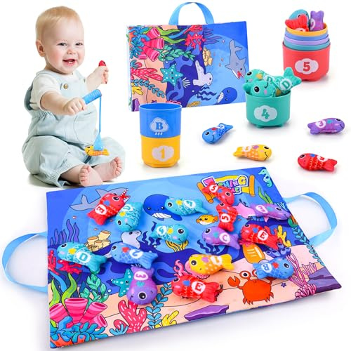 Auney Juguetes Niños 1 Año,Juego Pesca con 15 Peces Tela,Cubos Apilables, Bolsa,Juguetes Montessori para Niños 1 Años,Regalo Bebes 6-18 Meses