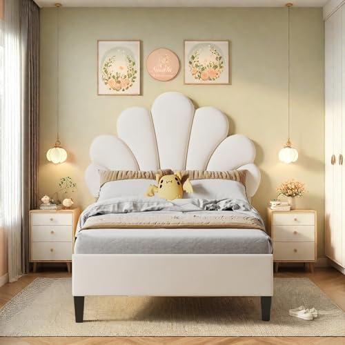 Yeutre Lit Simple Rembourré 90x200, Lit Enfant Fille avec Tête de Lits Réglable en Hauteur en Forme De Pétale, Sommier à Lattes, Lits 1 Personnes pour Fille Adolescent, Velours, Beige