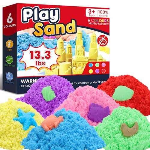 FURWEY 13.3lbs Play Sand,Mixed Packaging of 6-Color Sensory Sand,Suitable for Children to Shaping, Squeezing and Molding（Without Molds）